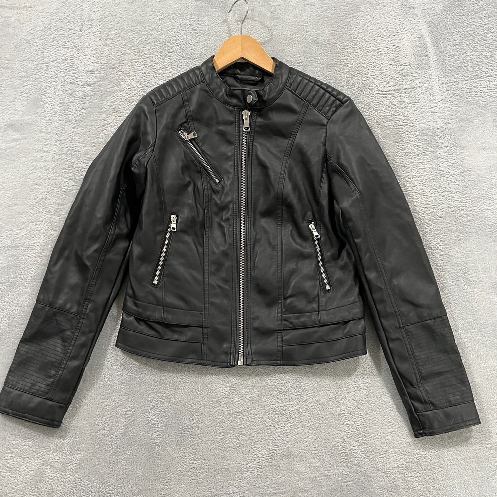 Cavalini Moto Jacket Womens Small Black Faux Leather Quilted Shoulder Full Zip